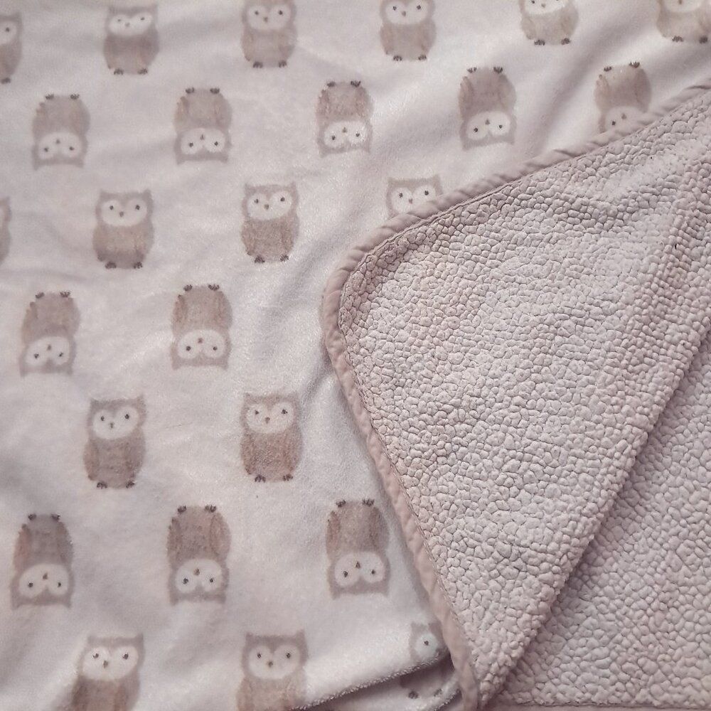 Carter's Owl Baby Blanket Security Lovey Sherpa Brown Gray Tan brown Cream READ